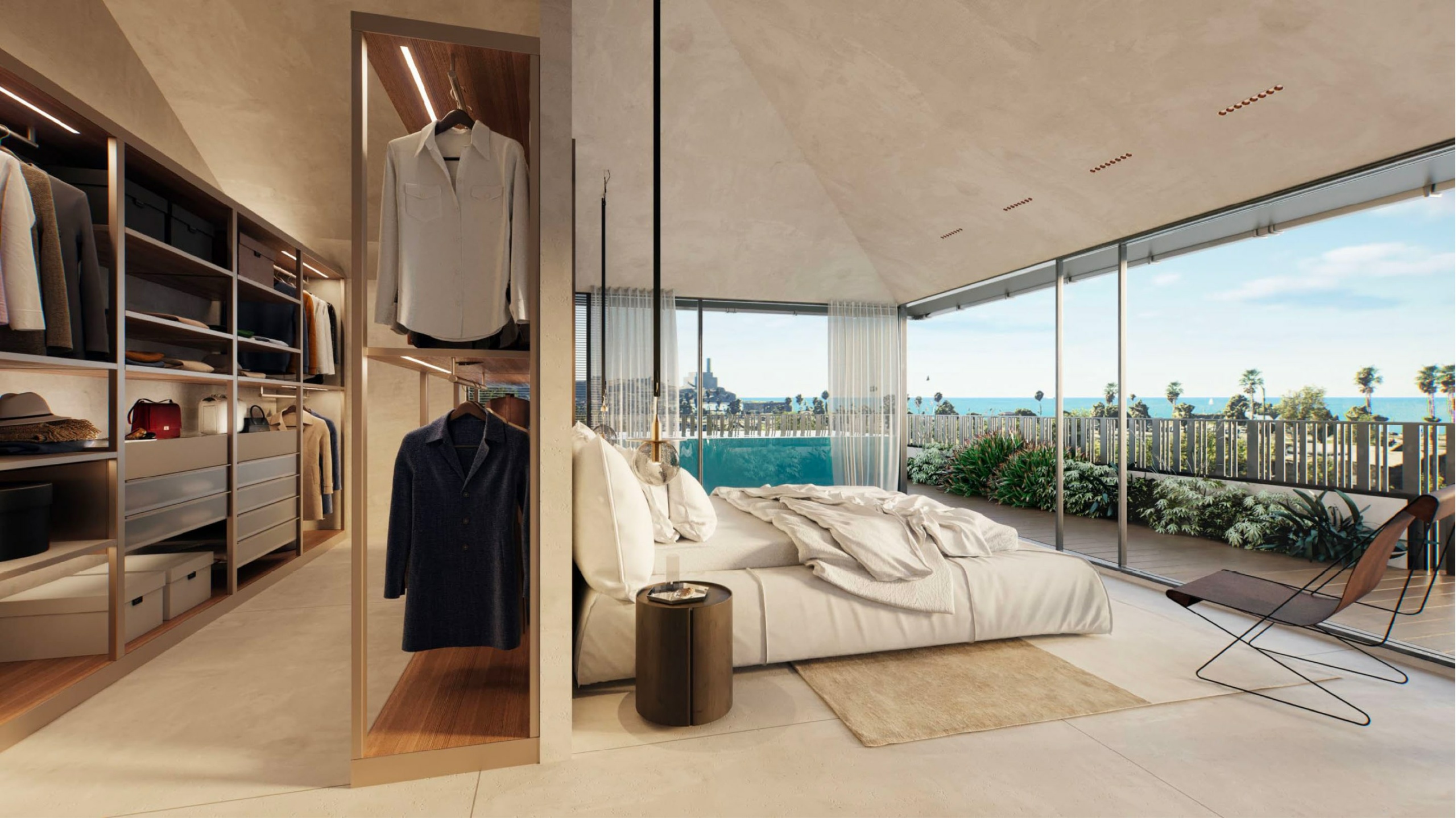 חדר ארונות וחדר שינה עם מרפסת ונוף מדהים לים פרויקט מגורים יוקרתי במתחם הרב קוק